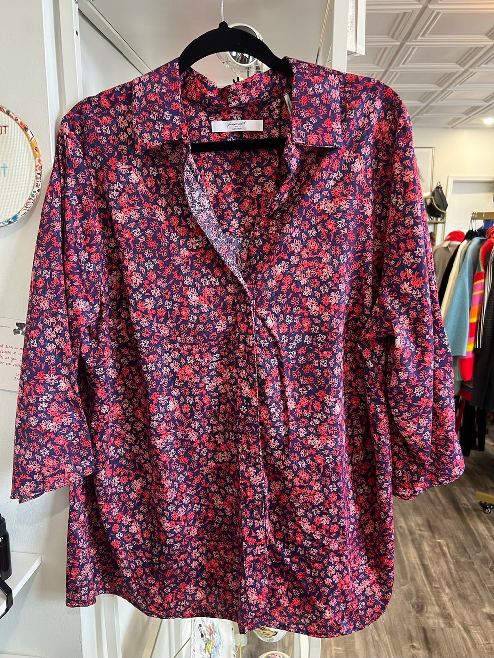 Foxcroft Floral Button-Down Shirt in Pink and Navy